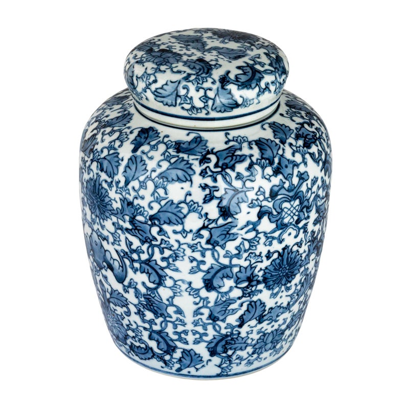 Creative Co-op Decorative Blue and White Ceramic Ginger Jar with Lid - Image 1